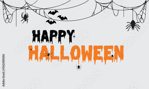 Happy Halloween Greeting with Spooky Spiders, Webs, and Bats Design