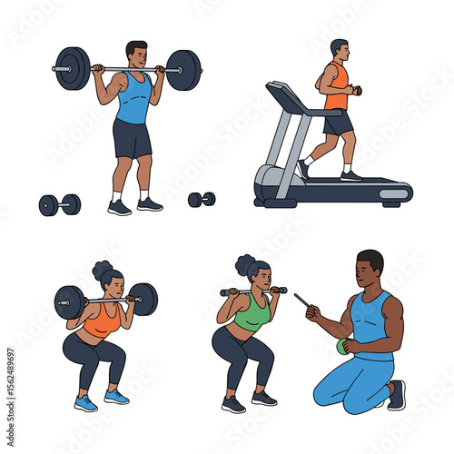 Diverse individuals exercising with weights, treadmill, and coaching session