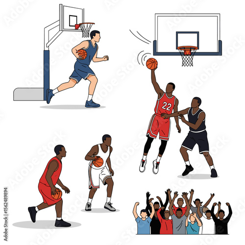 Dynamic Basketball Players in Action with Energetic Crowd Illustration