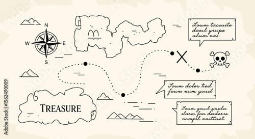 Hand-Drawn Treasure Map with Compass, Skull, and Cryptic Clues