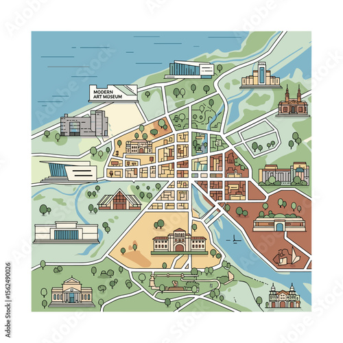 Illustrated City Map Depicting Landmarks, Parks, and Waterways in Detail