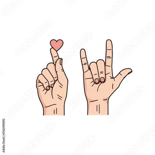 Illustrated Hands Forming Mini Heart and I Love You Sign Language