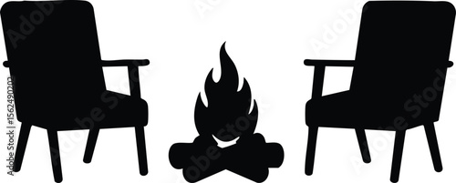 Two armchairs facing campfire silhouette vector icon for outdoor relaxation and cozy camping scene