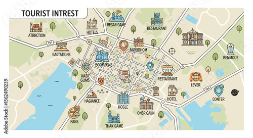 Illustrated Tourist Map Featuring City Landmarks and Attractions