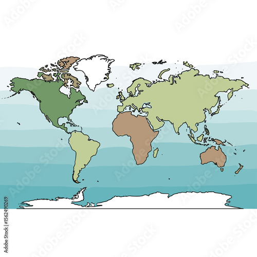 Illustrated World Map with Varied Continent Colors and Ocean Gradient