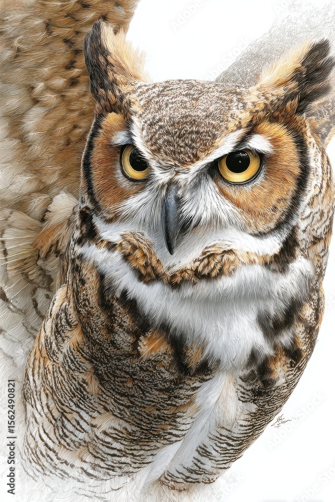 Majestic owl poised with wings partially draped in elegance, showcasing intricate feather details and captivating gaze Majestic owl poised with wings partially draped in elegance, showcasing intricate feather details and captivating gaze