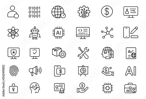 Technology Line Editable Icon Set for science, robotics, AI, blockchain, cybersecurity, automation, fintech innovation, next generation interface symbols, vector illustration.