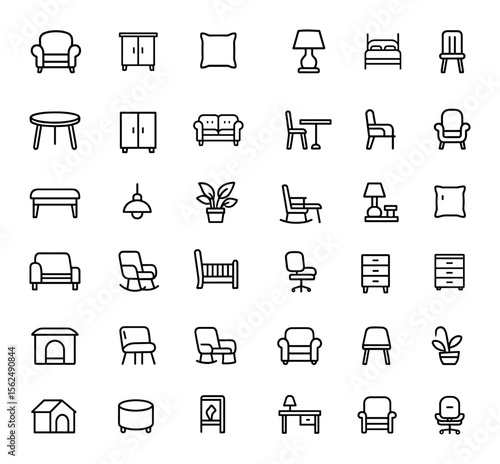 Editable Line Icons Set, Modern Thin Line Icons for Home, Office, Dining, Garden Furniture, Cabinet, Chair, Table, Sofa, Lighting and Decor Elements, vector illustration, home decor icons.