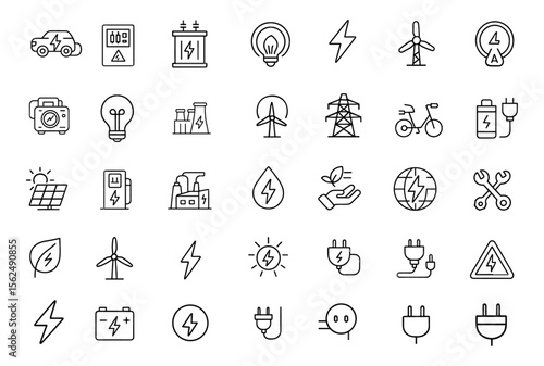 Electricity and Energy Icon Set, electric transport, power plant, solar panel, wind turbine, EV charging station, renewable solutions, hydro energy systems, vector illustration.
