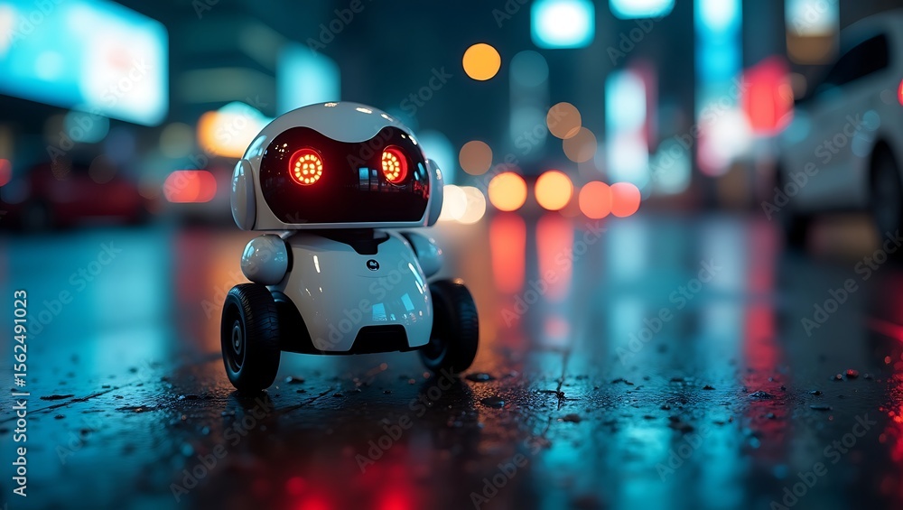 Fototapeta premium Cute white robot with glowing red eyes on a wet city street at night