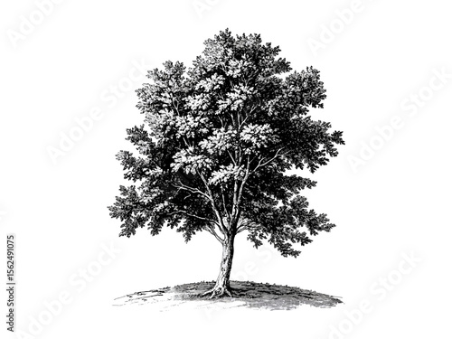 Vintage beech tree engraving, hand-drawn botanical illustration, rustic woodland art, eco-friendly print, black sketch, retro tree decor, old engraving style, natural leaves, forest art