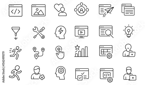 User Experience Line Editable Icons Bundle, Interface Design Development Testing, Usability Accessibility Wireframe Prototype, Journey Mapping Empathy, Interaction Icons, Vector Illustration.