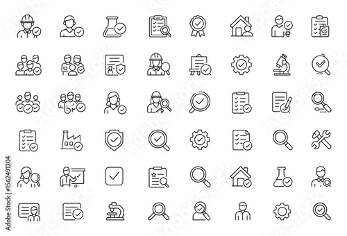 Quality Control and Inspection Line Editable Icons set, inspector evaluation, testing report, property audit, verification, safety audit, investigation checklist vector illustration.