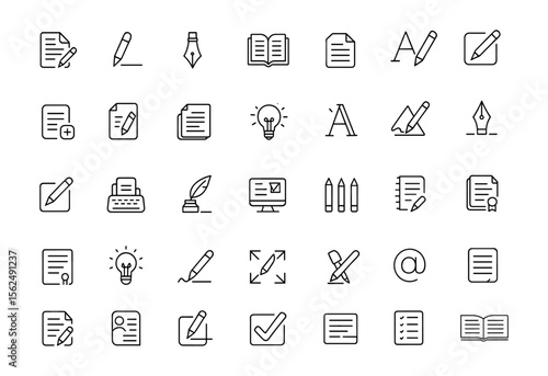 Writing Editable Icon Set, text editing icons for mobile applications, book pen signature notepad typography symbols, vector illustration, content creation interface, calligraphy.