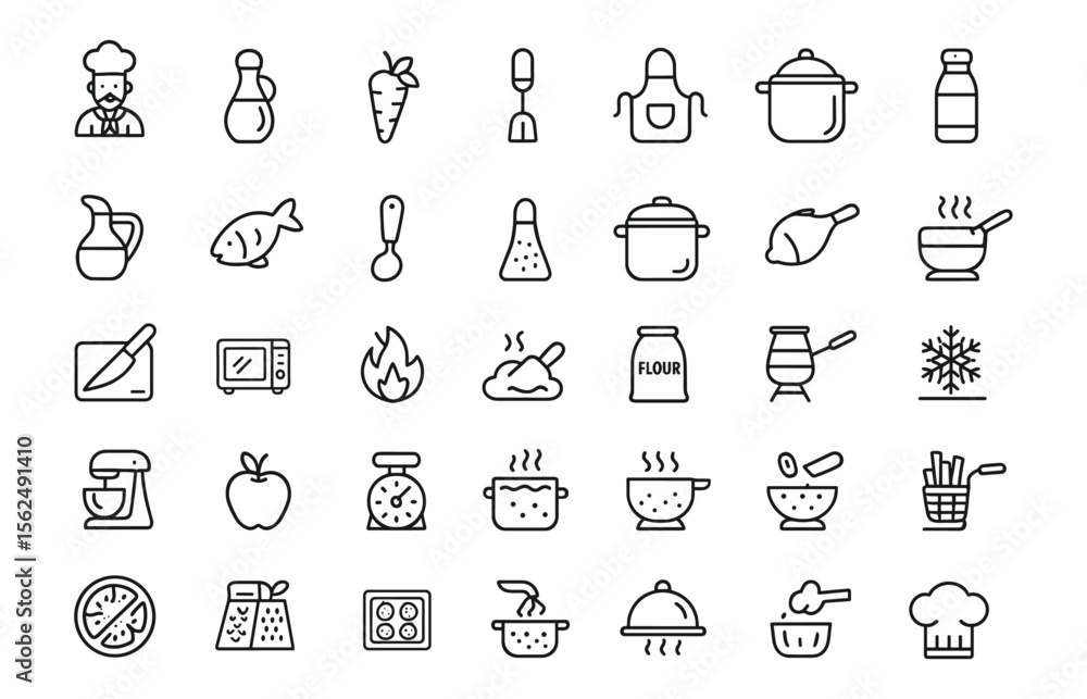 Cooking Line Editable Icons set. Vector illustration thin line cooking process icons isolated on white, culinary, utensil, apron, pot, pan, spoon, seasoning, baking, chef hat, png. Cooking Line Editable Icons set. Vector illustration thin line cooking process icons isolated on white, culinary, utensil, apron, pot, pan, spoon, seasoning, baking, chef hat, png.