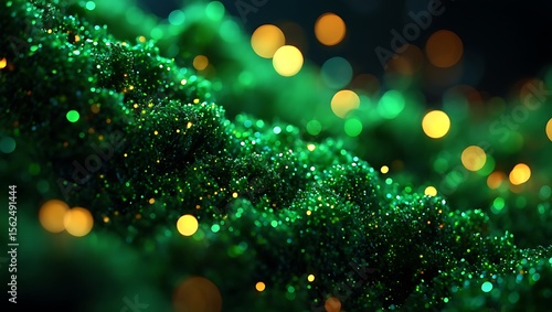 Emerald dreams shimmer and glow, casting brilliant green and gold light across the night with a festive holiday season vibe and glowing orbs.