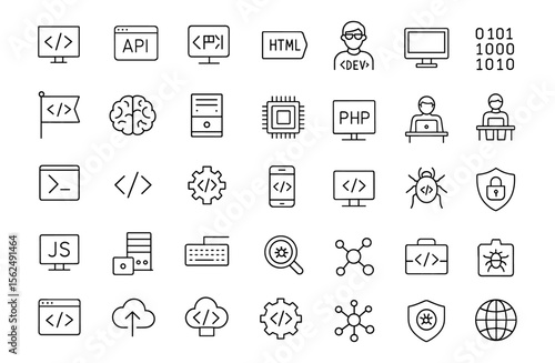 Programming line editable icon set, thin line vector illustration of software development icons, code, API, programming languages, developer, IT, software engineering symbol pack.