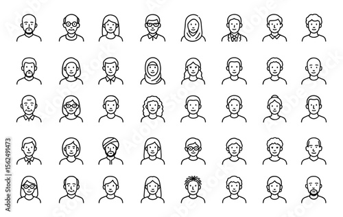 Editable line icon set of people avatars, vector illustration, minimalist portrait symbols of diverse ages and nationalities, user profile icon pack, multicultural avatar collection.