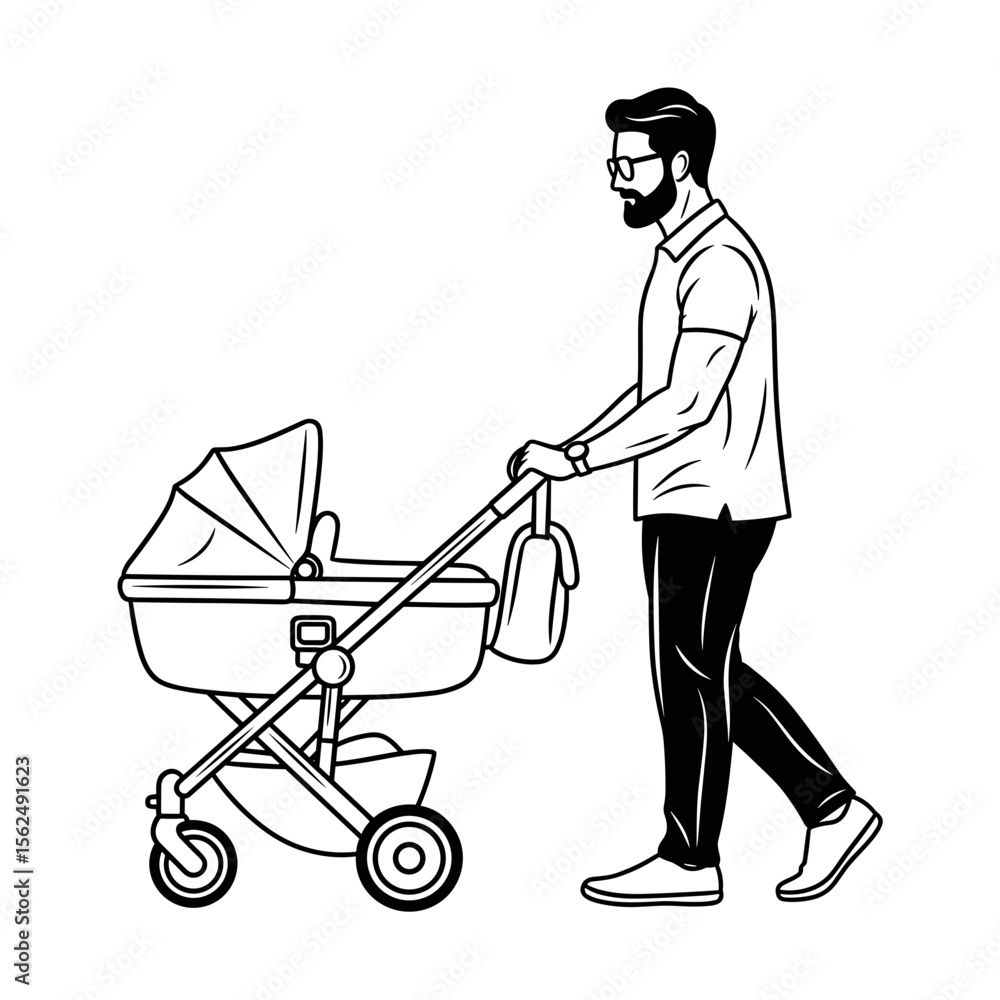 Father walking with a baby stroller, showcasing nurturing and parental care Father walking with a baby stroller, showcasing nurturing and parental care