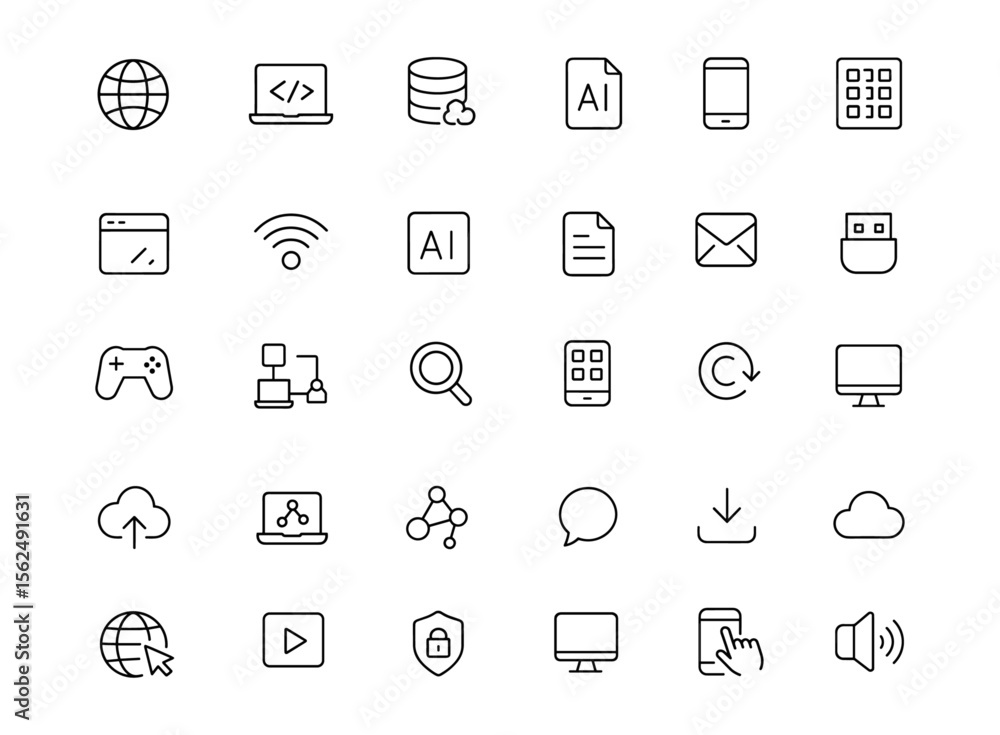 Fototapeta premium Information technology icon set, modern thin line editable vector illustration of web, cloud, computer, software, programming, database, connection, network, data processing, multimedia, browser.