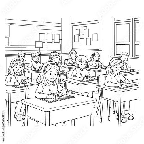Classroom full of students engaged in learning and writing activities