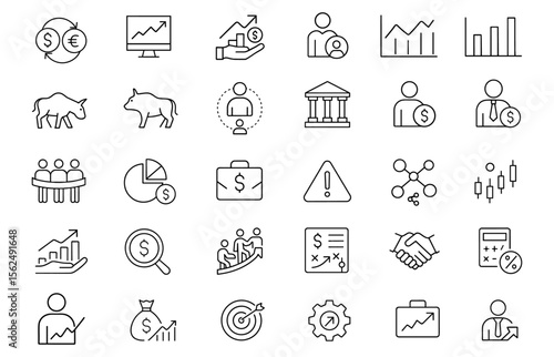 Stock icon set, editable stroke vector illustration of finance icons: trading, profit, shareholder, currency exchange, market, charts, investment, portfolio, money, business, banking, strategy