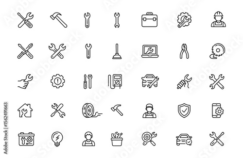 Repair line editable icon set, vector illustration in thin modern style, repairman, handyman, tools, maintenance, car repair, electronics, troubleshooting, fixing, toolbox, outline
