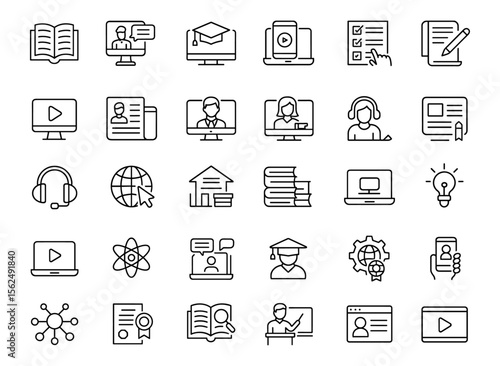 Vector illustration of modern thin line style E-Learning editable icon set including diploma, online lecture, video call, testing, education, training, digital university, remote class.