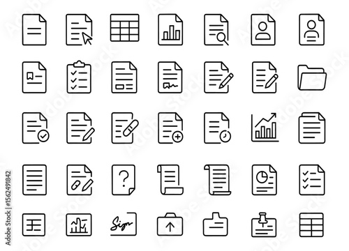 Document icon set, thin line editable style vector illustration of paper, file, folder, checklist, contract, table, report, form, analytics, signature, summary, template, questionnaire.