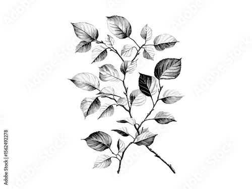 Birch Tree Leaves engraving, hand-drawn vintage botanical illustration, birch foliage, retro woodland decor, black sketch, old engraving style, eco-friendly nature art, forest print