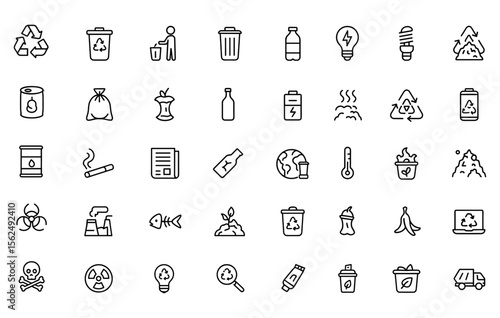 Vector illustration of waste line editable icon set, modern thin style with pollution, recycling, sorting, garbage bin, battery, plastic, rubbish, environment, waste management concept.