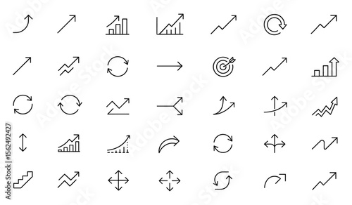 Vector illustration of arrows icon set in modern thin line style, including infographic, chart, finance, dynamic growth, profit trend, rate change, stock market symbols, editable pictograms.