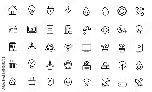 Public utilities icon set. Modern thin line vector illustration of house maintenance pictograms and symbols: electricity, gas, water, plumbing, eco, recycling, heating, payment, mobile app.