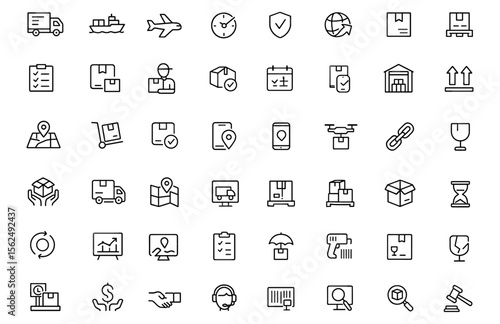 Logistics and Delivery vector illustration icon set, thin line modern style. Shipping, courier, air and sea transport, warehouse, checklist, package, truck, cargo service, moving infographics.