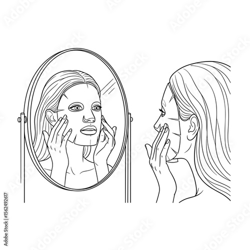 Woman applying facial sheet mask while looking in mirror during self-care routine