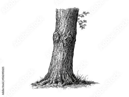 Hand-drawn vintage botanical art, engraving of elm tree trunk, rustic tree decor, elm bark texture, eco-friendly print, retro sketch, old engraving style, natural wood grain, forest illustration