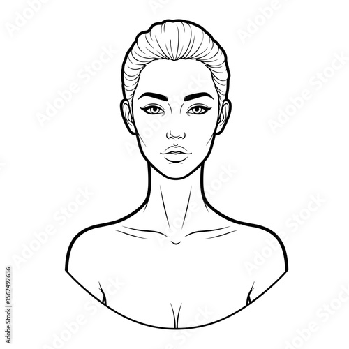 Woman's portrait emphasizing décolletage area for skincare illustration in monochrome style