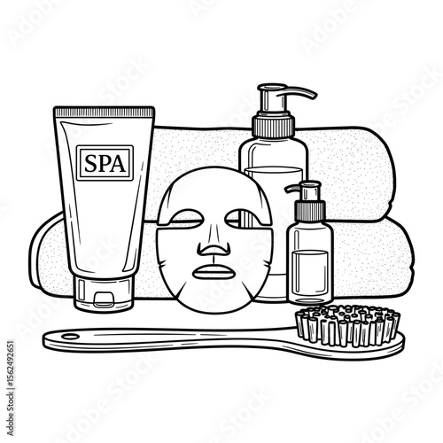 Spa essentials arranged neatly with facial mask and towels in monochrome illustration