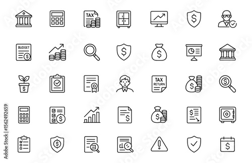 Accounting thin line editable icon set, vector illustration of financial audit, budget, tax return, profit, expense, management, salary, report, bank, investment, money growth
