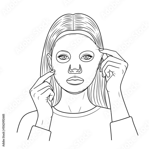 Woman applying sheet mask with focused expression during skincare routine