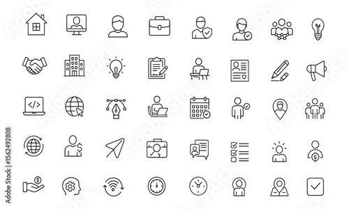 Remote Work Freelance Icon Set. Editable line vector illustration in modern thin style of home office, online job, digital nomad, productivity, career, business concept, isolated transparent bg