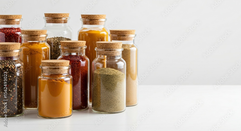 Small glass jars filled with various colorful spices and herbs in a row. Culinary ingredient collection for cooking flavor. Small glass jars filled with various colorful spices and herbs in a row. Culinary ingredient collection for cooking flavor.