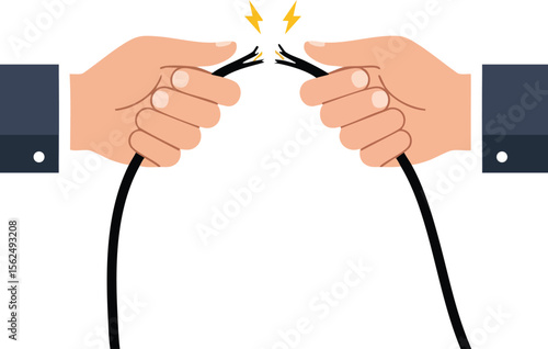 Hands Holding Broken Electrical Wire with Sparks Vector Illustration Showing Power Disconnection and Danger Alert