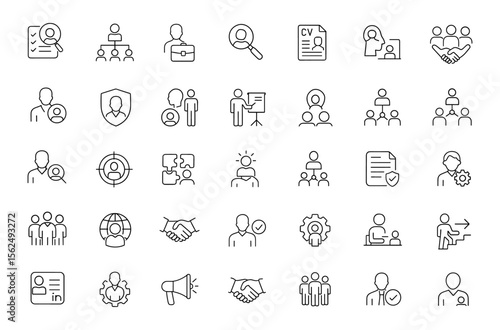 Human Resources icon set. Editable stroke vector illustration of HR, recruitment, employee search, management, teamwork, leadership, business communication, people strategy, organization.