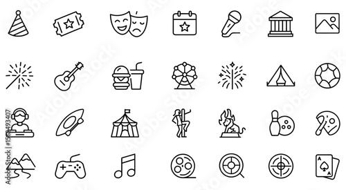 Editable entertainment icon set, modern thin line vector illustration of leisure, party, concert, festival, music, hobby, travel, sport, camping, lifestyle, pictogram, outline, infographic
