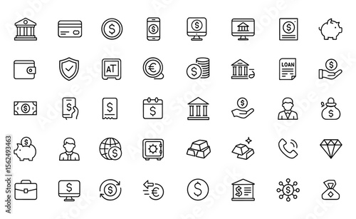Bank icon set, vector illustration in modern thin line style. Editable finance, currency, savings, online banking, credit card, ATM, deposit, transaction, pictograms, infographics, mobile app
