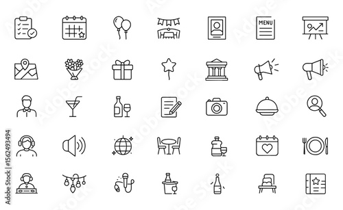 Event planning icon set, editable stroke vector illustration of party, wedding, celebration, food, drink, decoration, coordination, invitation, isolated modern thin line style, banner, festival