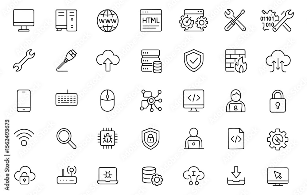 Fototapeta premium Internet technology icon set, editable stroke vector illustration. Thin line style computer, laptop, server, programming, hardware, software, cloud, network, web design, wifi, hacker, device, online