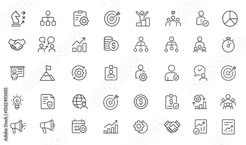 Business management icon set, editable stroke. Modern thin line vector illustration of strategy, project, teamwork, growth, idea, finance, decision, success, planning, isolated on white