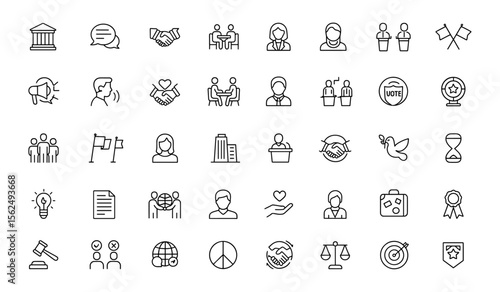 Diplomatic icon set in modern thin line style. Editable stroke vector illustration of embassy, government, politics, ambassador, law, negotiation, mediation, agreement, discussion, outline, diplomacy